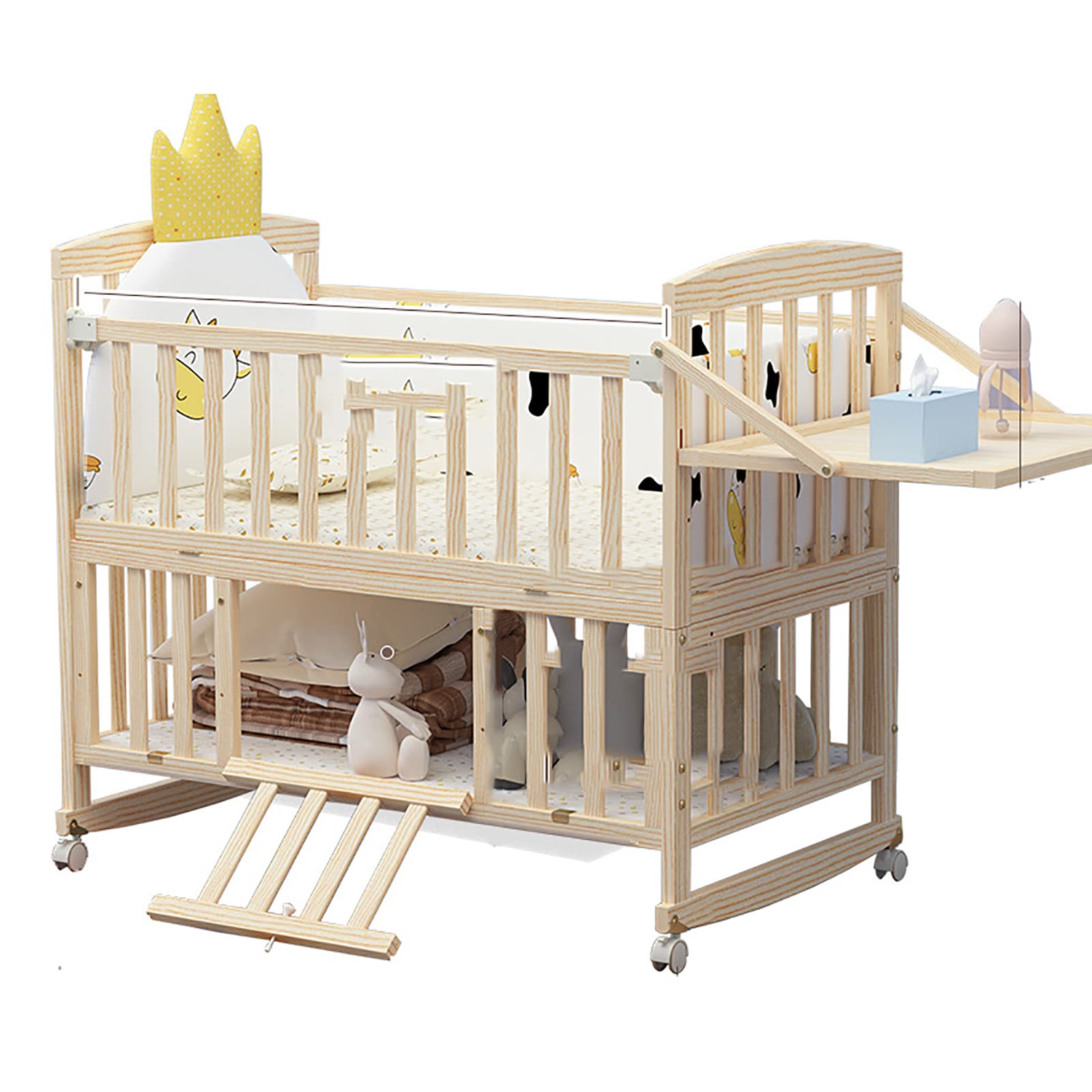 ベビーベッド 木製 5点セット付き 新生児 ベビーベッド 添い寝 キャスター付き 3段階高さ調整