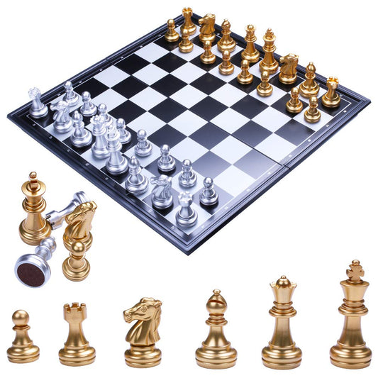 チェスセット 磁石式 国際将棋 折りたたみ チェスセット マグネット式チェス 金と銀の駒 収納便利 持ち運びしやすい (L)